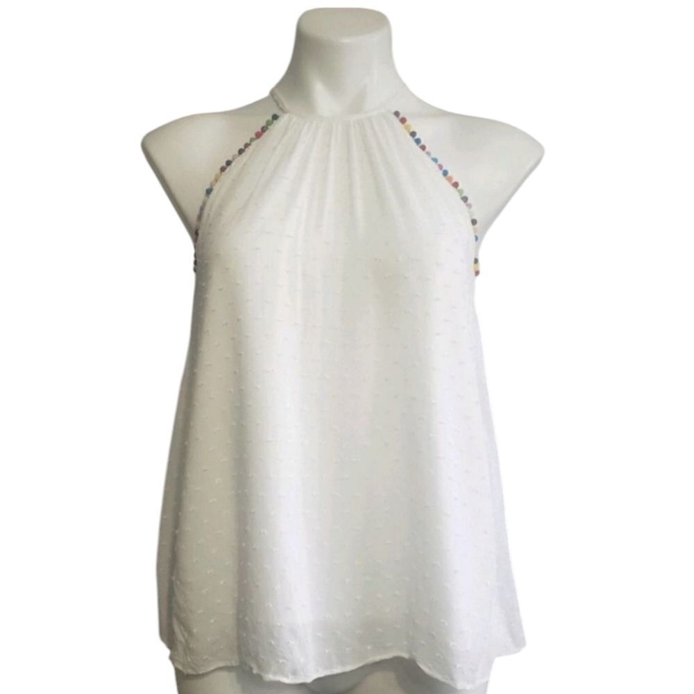 Miami white tank top multicolor pompom trim S